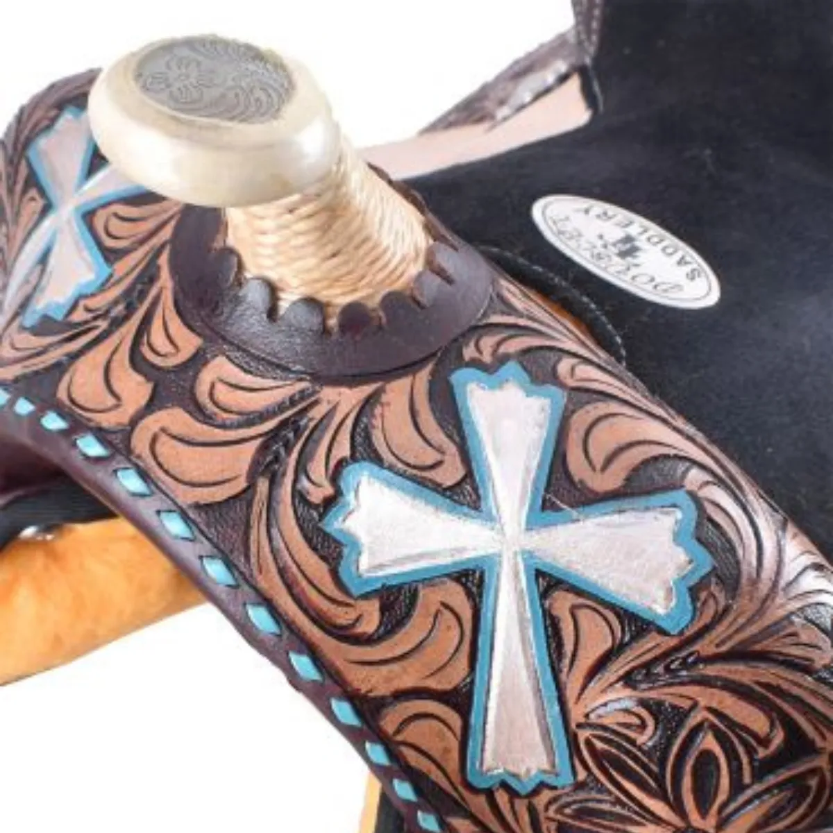 13" HAND PAINTED CROSS DESIGN DOUBLE T BARREL SADDLE