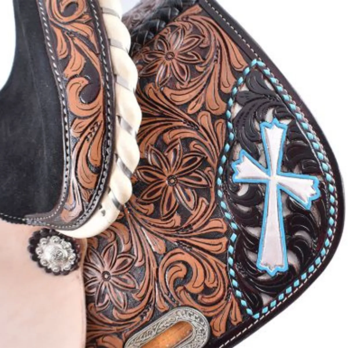 13" HAND PAINTED CROSS DESIGN DOUBLE T BARREL SADDLE
