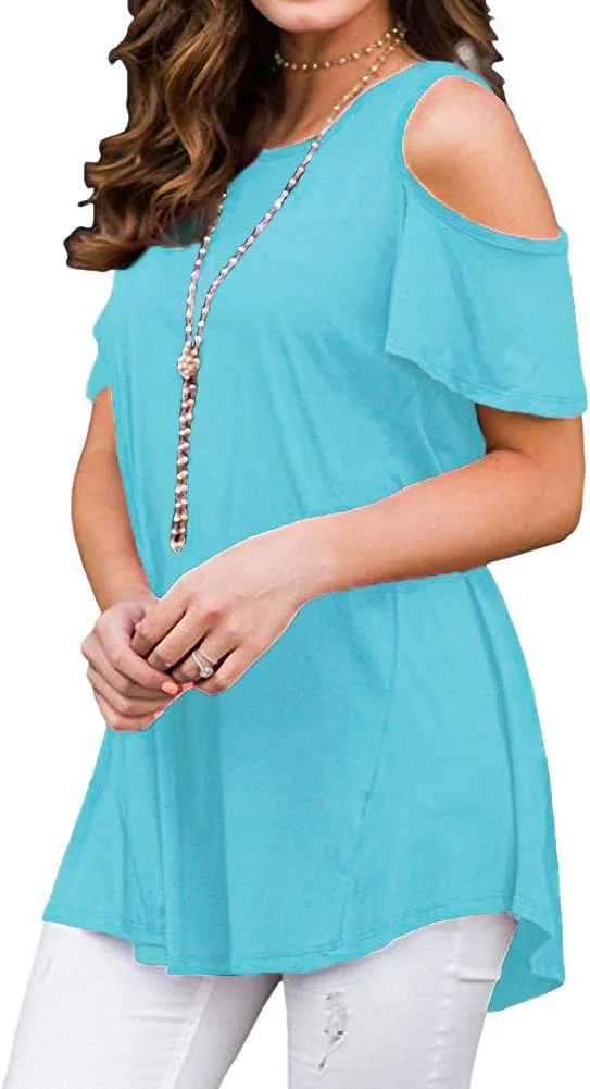 Afibi Womens Cold Shoulder 3/4 Sleeve Swing Tunic Tops for Leggings