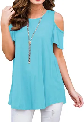Afibi Womens Cold Shoulder 3/4 Sleeve Swing Tunic Tops for Leggings