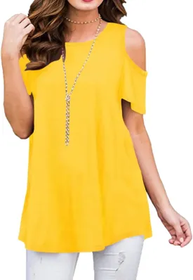 Afibi Womens Cold Shoulder 3/4 Sleeve Swing Tunic Tops for Leggings