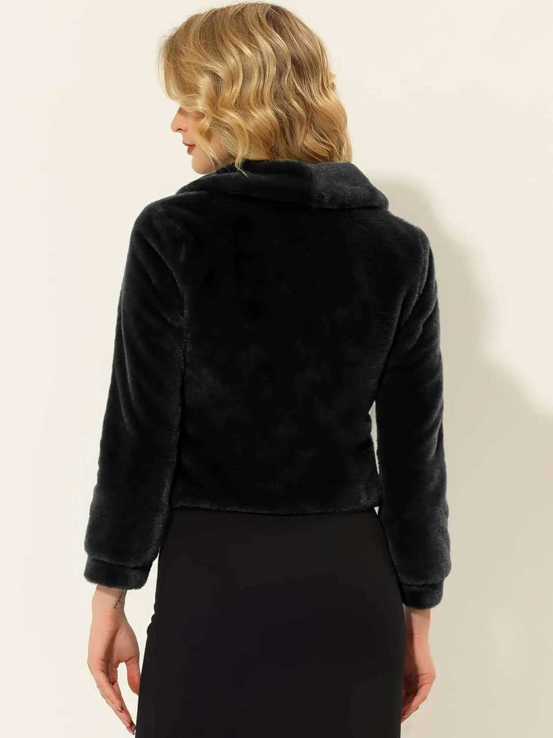 Allegra K Women's 2025 Fasion Winter Cropped Jacket Lapel Long Sleeve Faux Fur Fluffy Coat