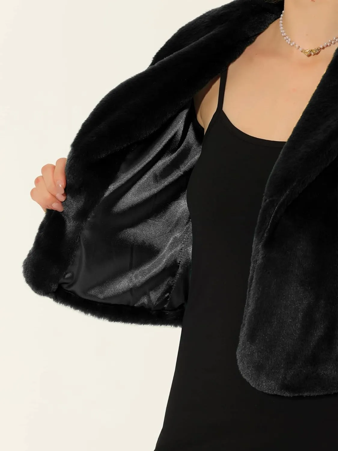 Allegra K Women's 2025 Fasion Winter Cropped Jacket Lapel Long Sleeve Faux Fur Fluffy Coat