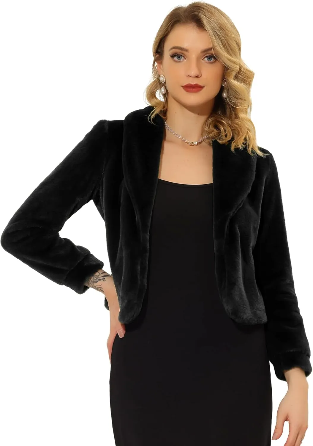Allegra K Women's 2025 Fasion Winter Cropped Jacket Lapel Long Sleeve Faux Fur Fluffy Coat