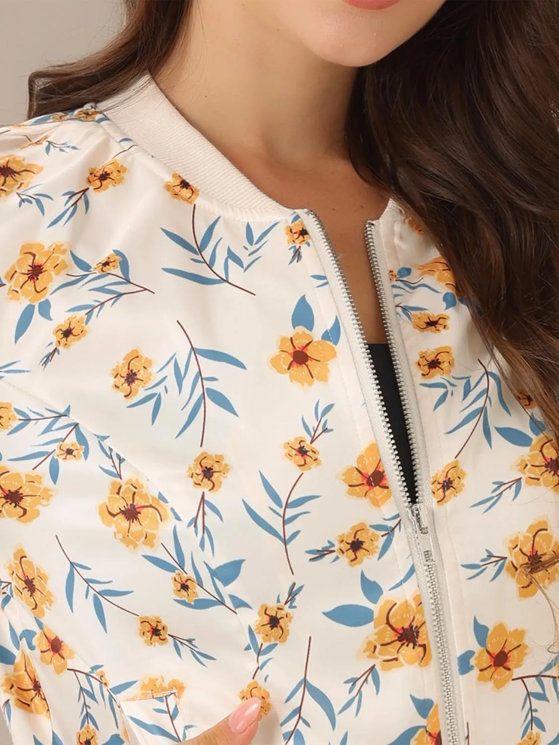 Allegra K Women's Bomber Jacket Long Sleeve Casual Coat Zipper Floral Print Outwear Tops Windbreaker with Pocket