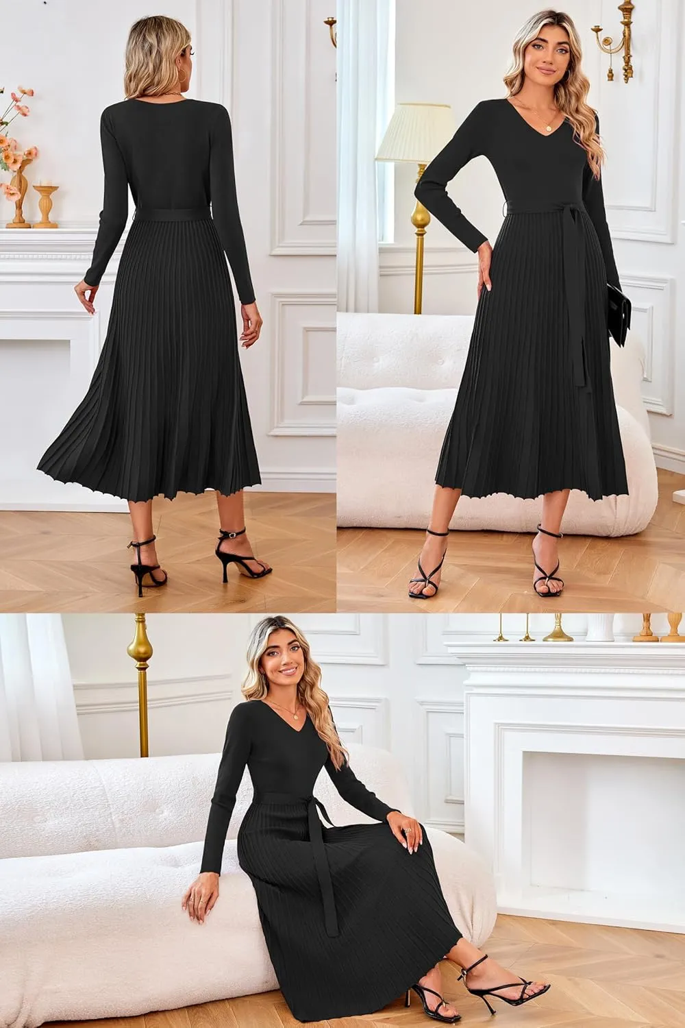 Arach&Cloz Women's Wool Blend Tie Waist Pleated Fall Sweater Dress 2025