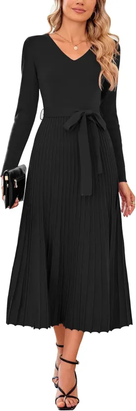 Arach&Cloz Women's Wool Blend Tie Waist Pleated Fall Sweater Dress 2025