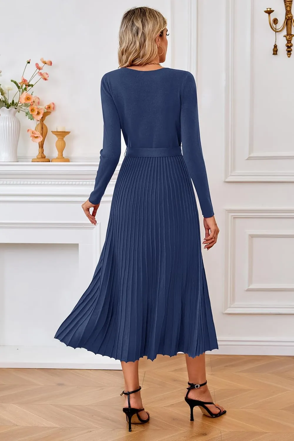 Arach&Cloz Women's Wool Blend Tie Waist Pleated Fall Sweater Dress 2025
