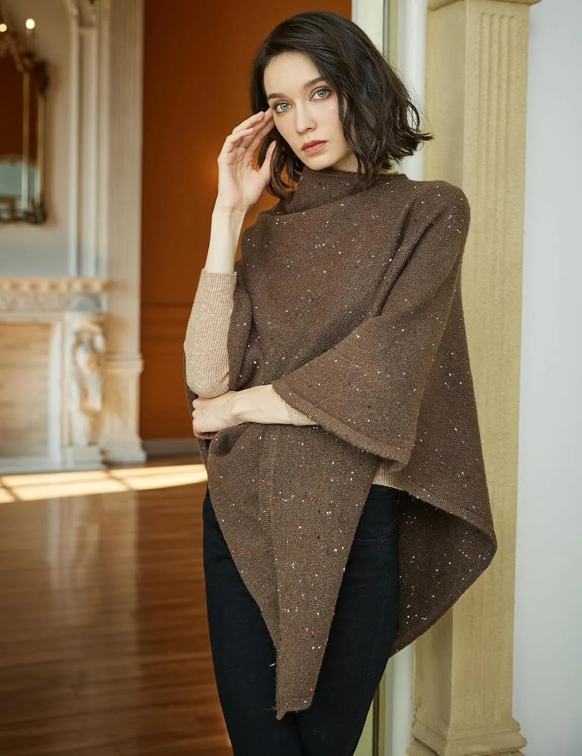 BEAUTELICATE Women Wool Poncho Knitted Tweed Wool Sweater Pullover Pile Collar Cape