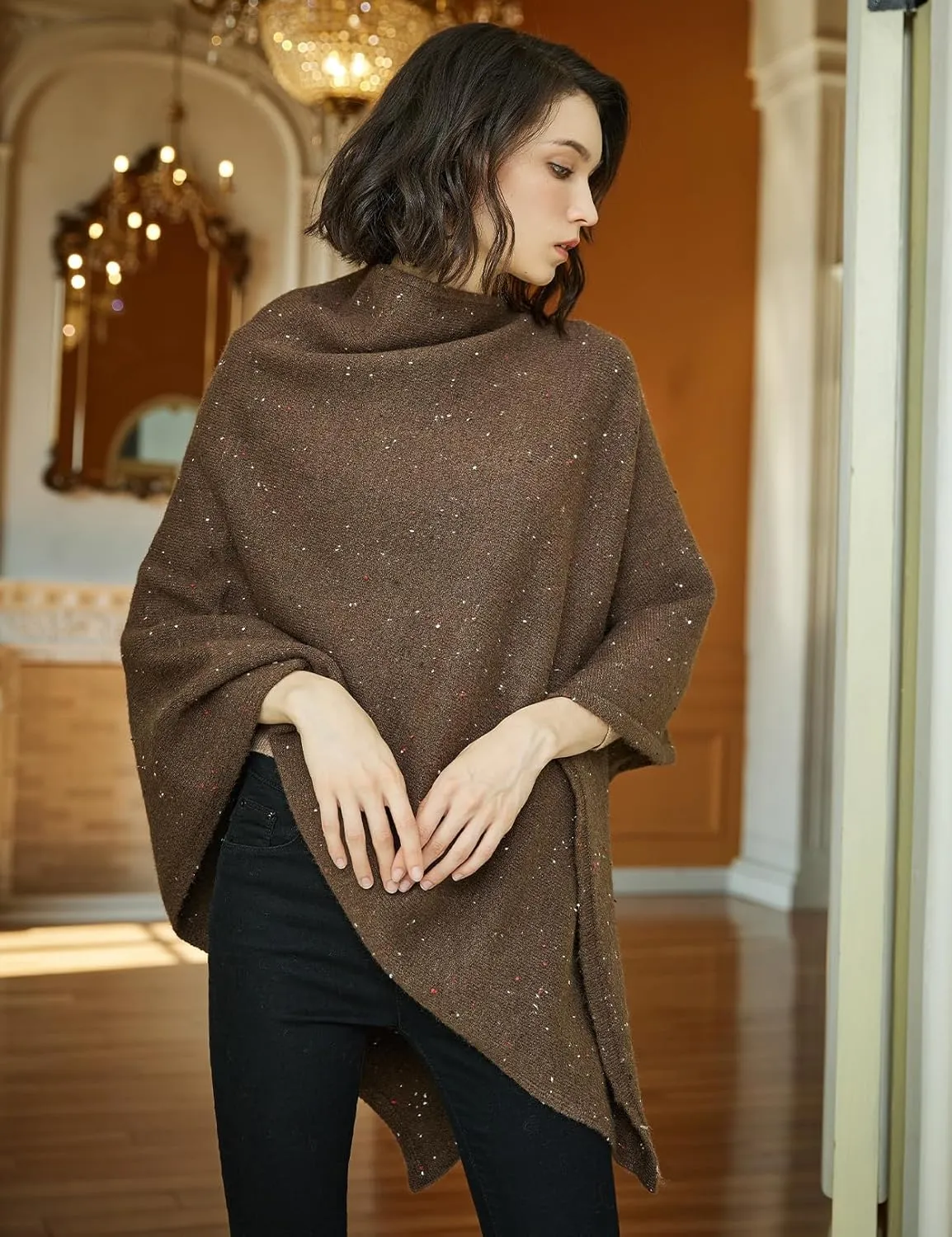 BEAUTELICATE Women Wool Poncho Knitted Tweed Wool Sweater Pullover Pile Collar Cape
