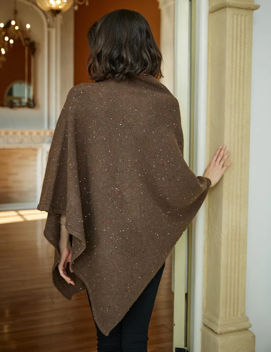 BEAUTELICATE Women Wool Poncho Knitted Tweed Wool Sweater Pullover Pile Collar Cape