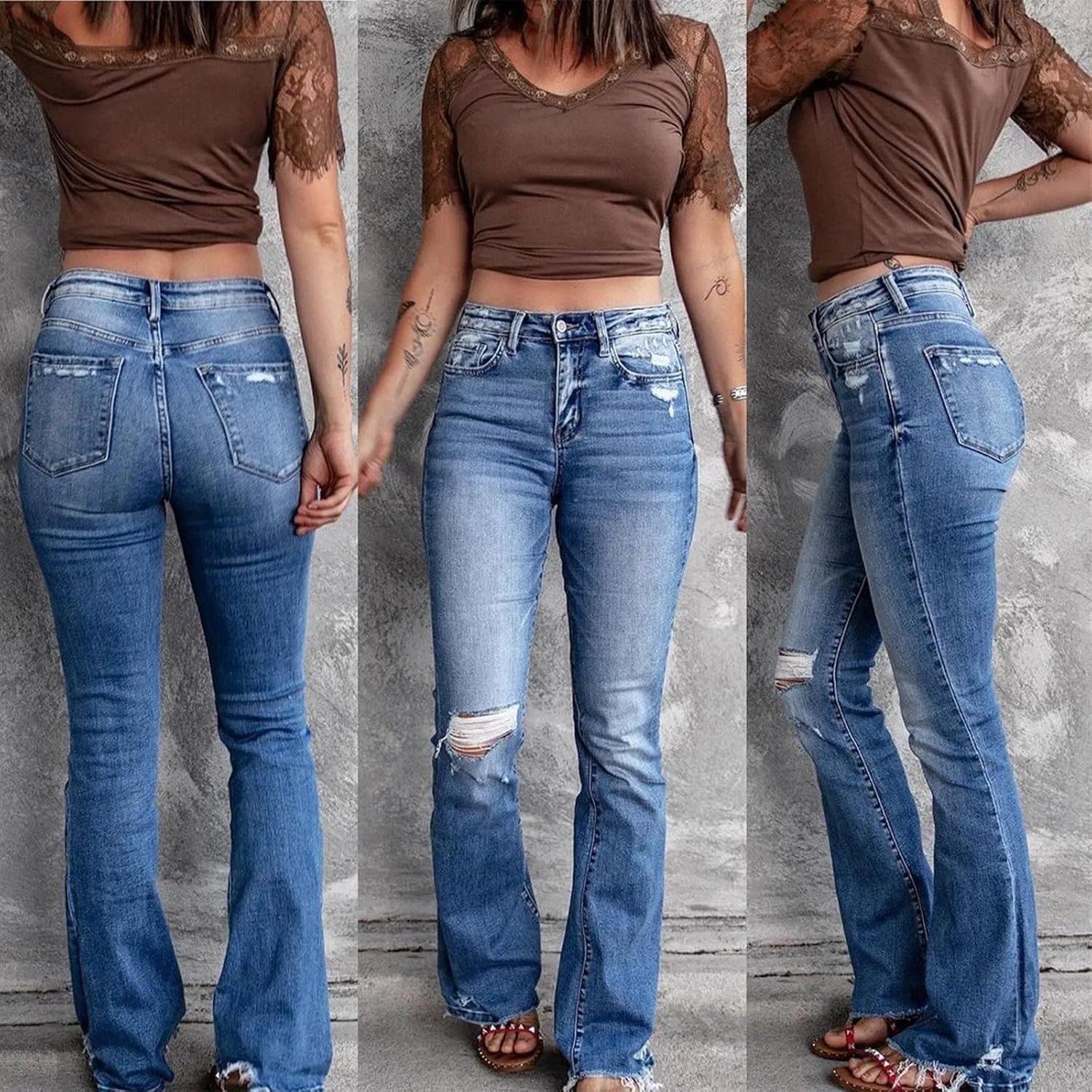 Bell Bottom Jeans for Women High Waisted Ripped Stretchy Bootcut Jeans with Pockets Y2k Flare Wide Leg Denim Pants