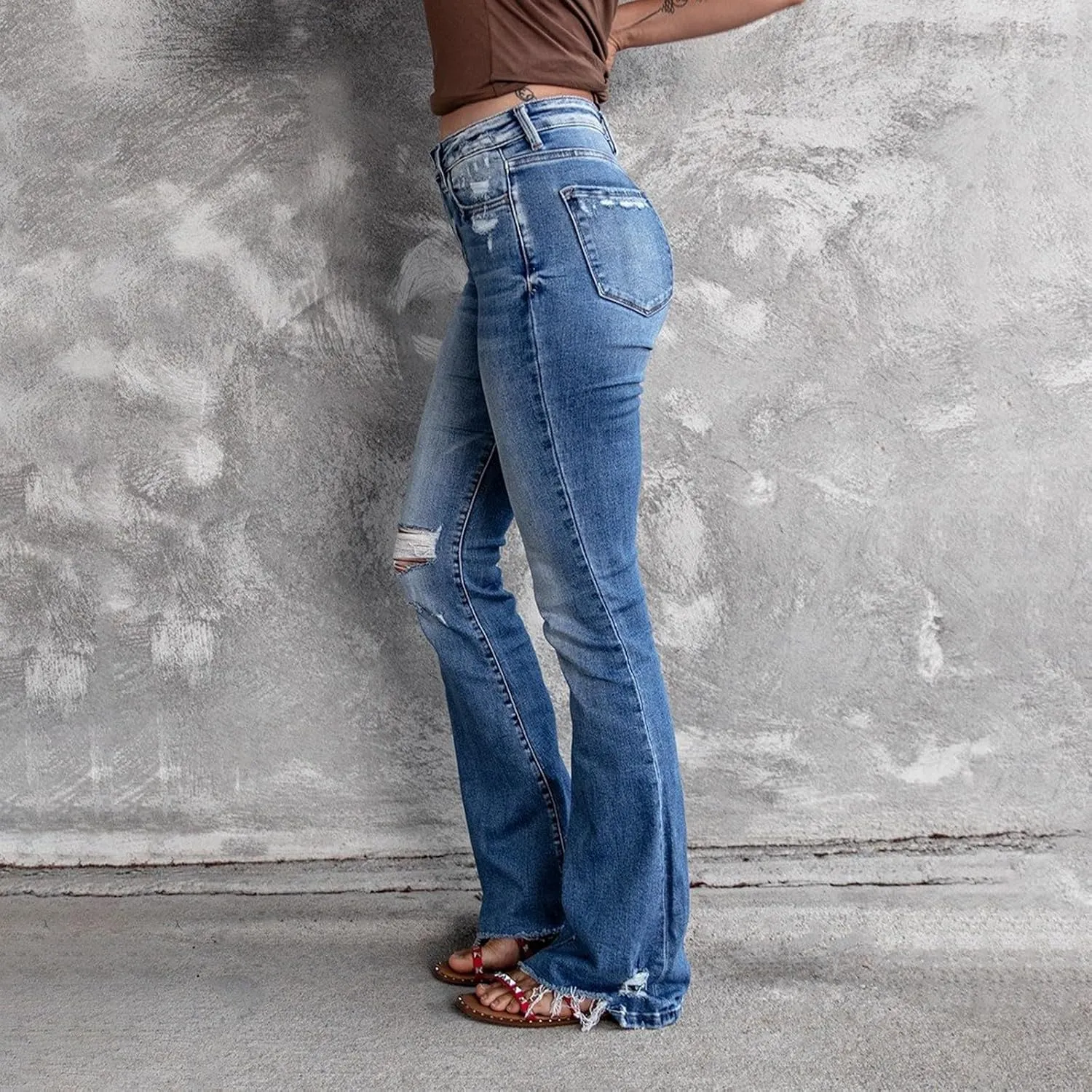 Bell Bottom Jeans for Women High Waisted Ripped Stretchy Bootcut Jeans with Pockets Y2k Flare Wide Leg Denim Pants