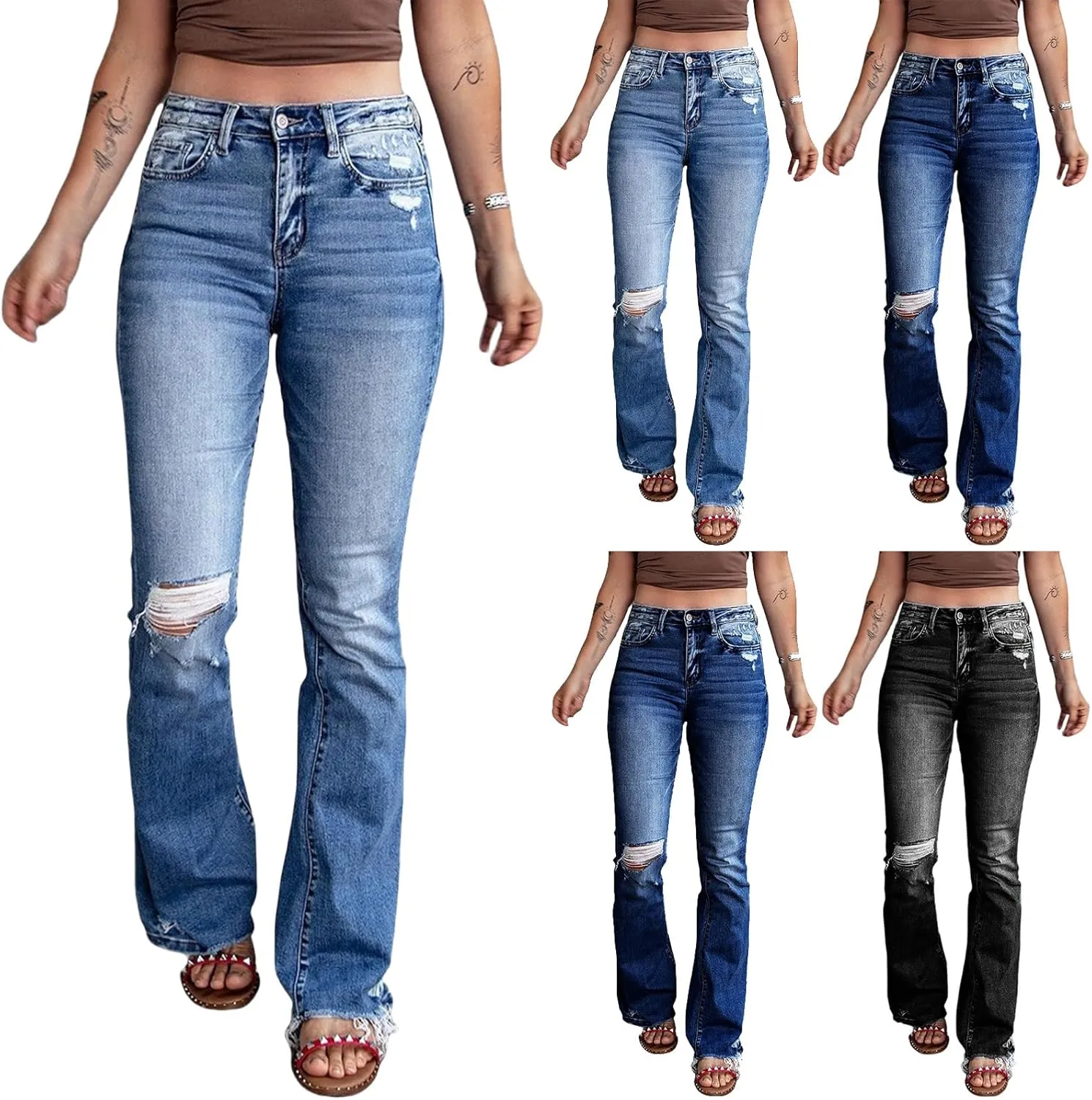Bell Bottom Jeans for Women High Waisted Ripped Stretchy Bootcut Jeans with Pockets Y2k Flare Wide Leg Denim Pants