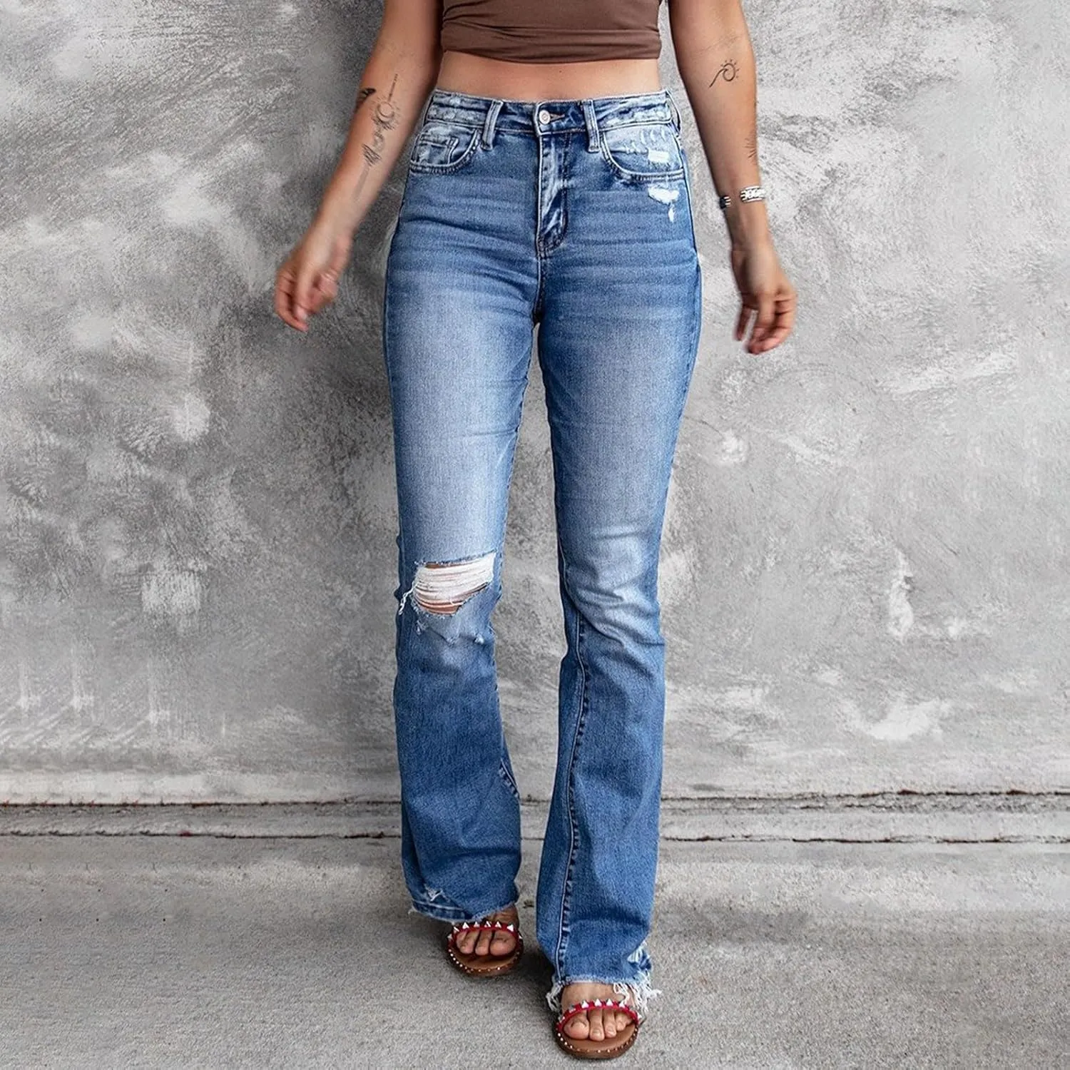 Bell Bottom Jeans for Women High Waisted Ripped Stretchy Bootcut Jeans with Pockets Y2k Flare Wide Leg Denim Pants