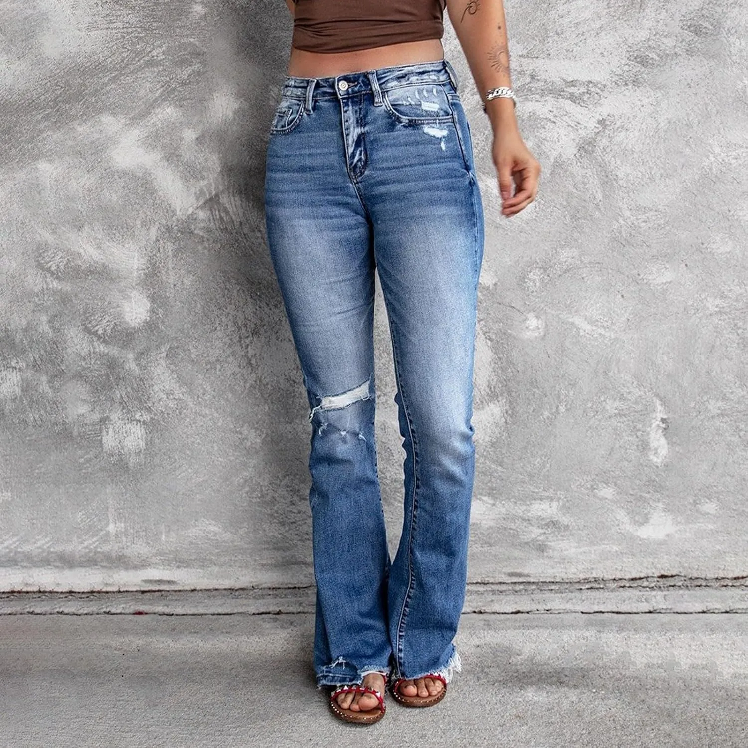 Bell Bottom Jeans for Women High Waisted Ripped Stretchy Bootcut Jeans with Pockets Y2k Flare Wide Leg Denim Pants