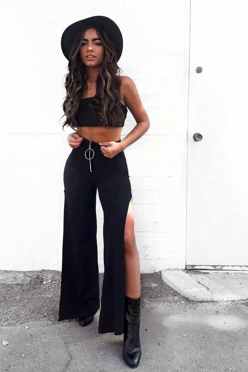 Black Zip Front High Waisted Flare Trousers - Gerta