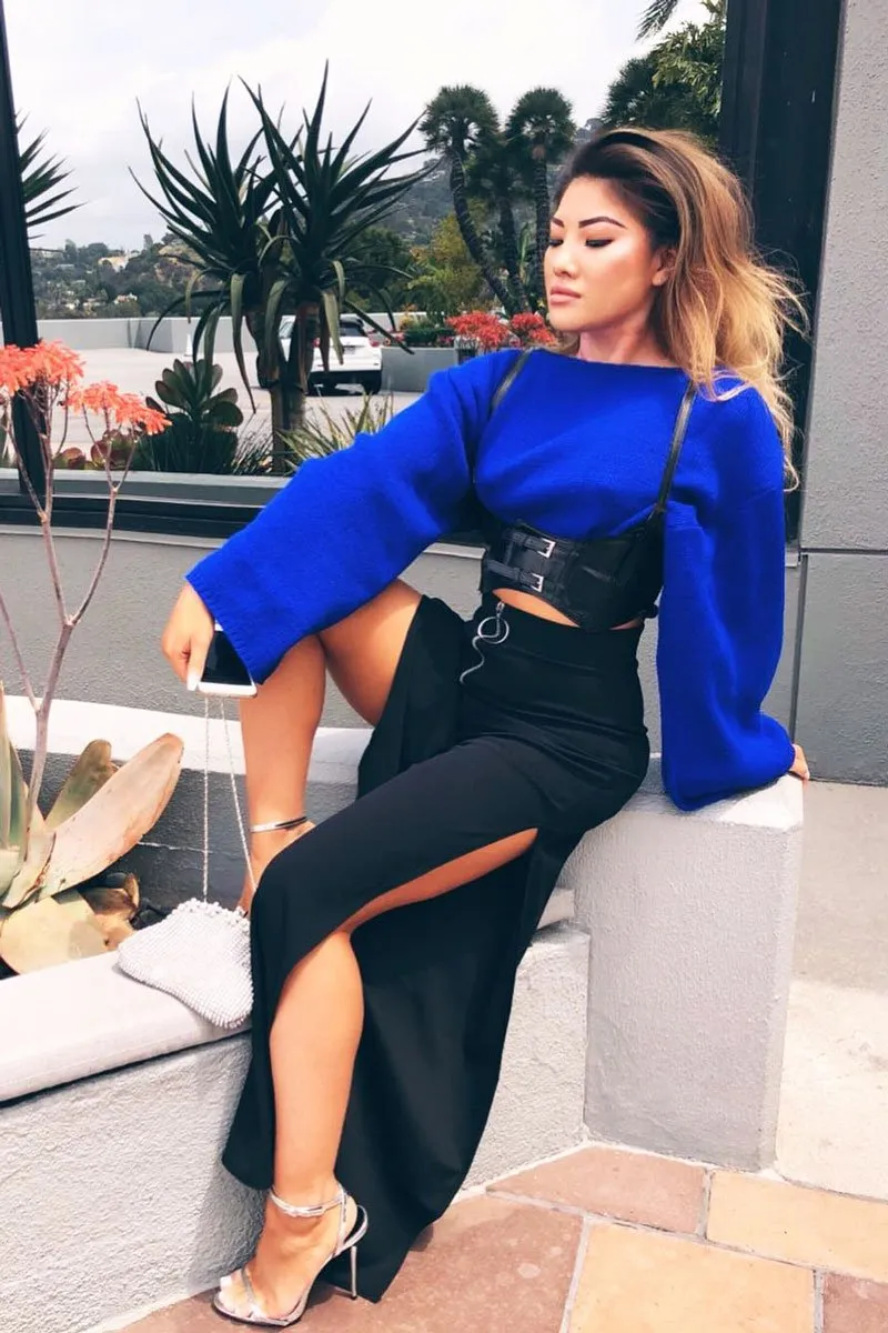 Black Zip Front High Waisted Flare Trousers - Gerta