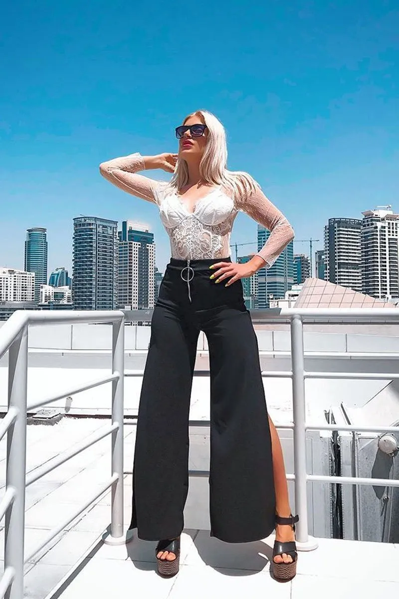 Black Zip Front High Waisted Flare Trousers - Gerta