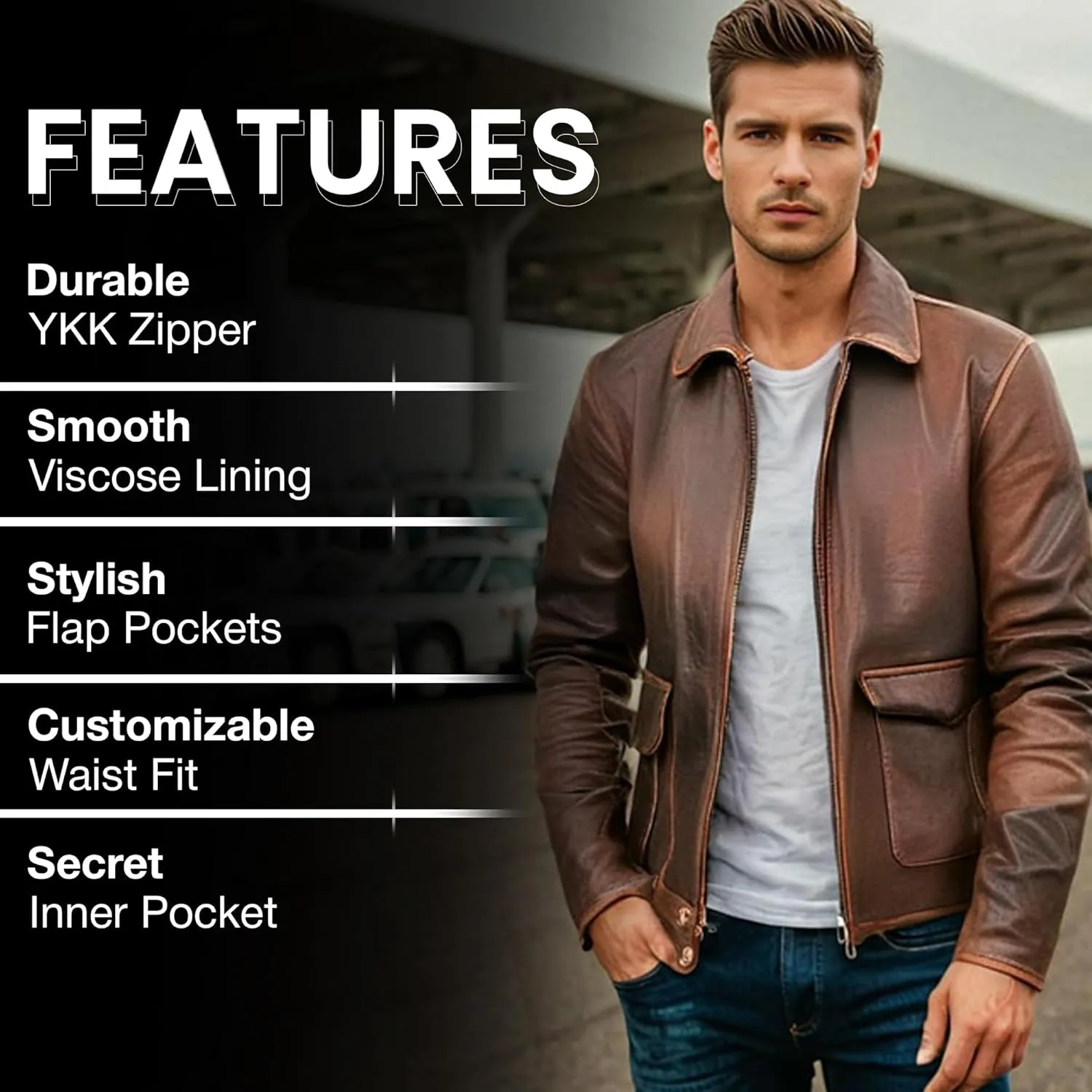 Brown Leather Jacket Men - Vintage Collar Distressed Style Mens Leather Motorcycle Jacket
