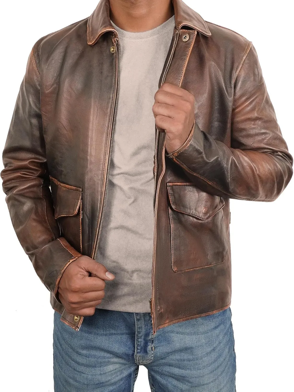 Brown Leather Jacket Men - Vintage Collar Distressed Style Mens Leather Motorcycle Jacket