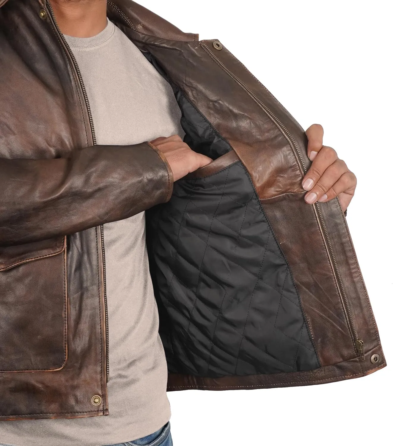 Brown Leather Jacket Men - Vintage Collar Distressed Style Mens Leather Motorcycle Jacket