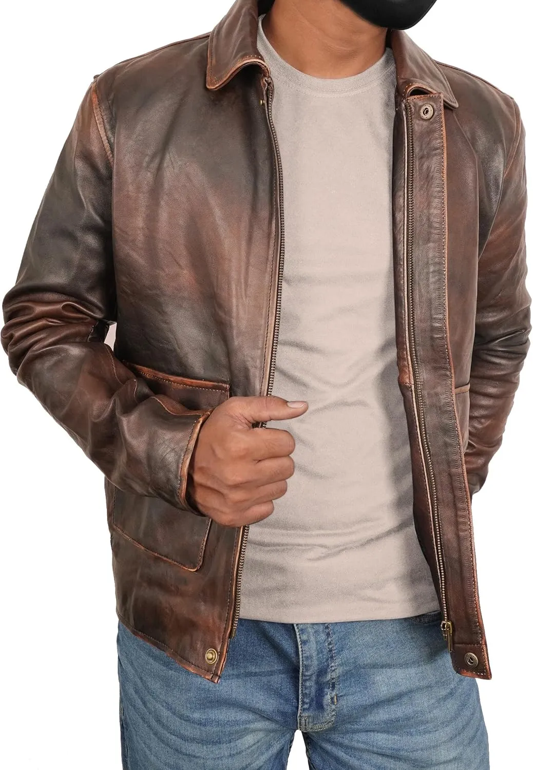 Brown Leather Jacket Men - Vintage Collar Distressed Style Mens Leather Motorcycle Jacket