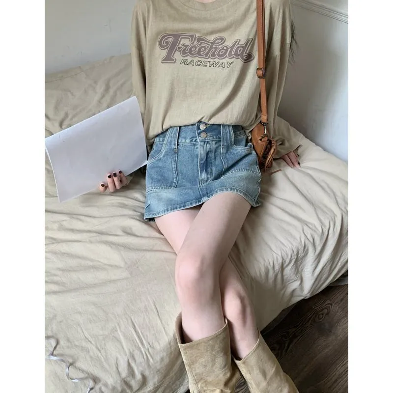 Button Front Niche Washed Out Retro Bodycon Denim Skirt