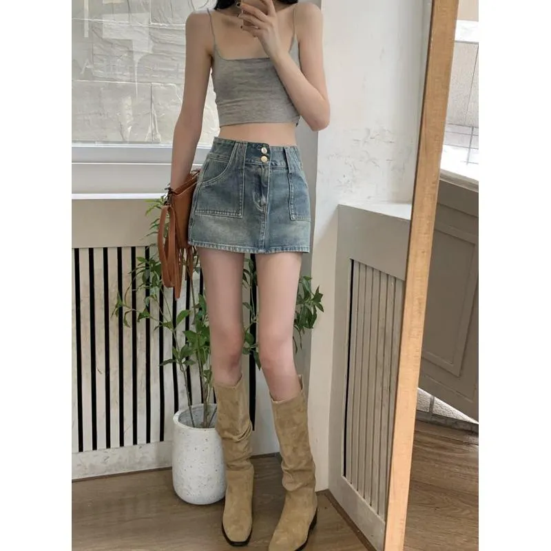 Button Front Niche Washed Out Retro Bodycon Denim Skirt