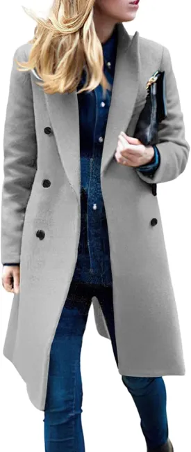 chouyatou Women's Basic Designed Notch Lapel Double Breasted Mid-Long Wool Pea Coat