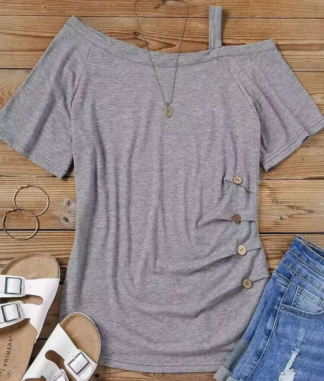 Cold Shoulder Shirts Womens Short Sleeve One Sided Button Ruched Blouse T-Shirt Summer Casual Vacation Tunic Tee Top