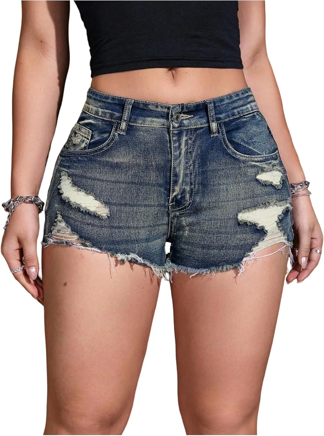 COZYEASE Women's Ripped Raw Trim Denim Shorts Plain Zipper Fly Straight Leg Jean Shorts