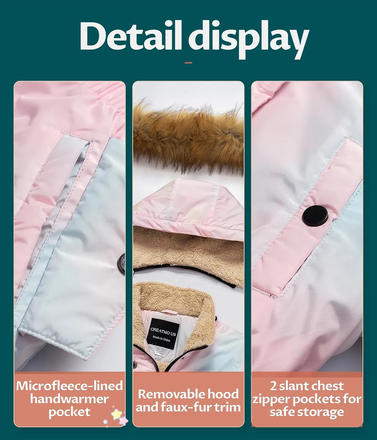 CREATMO US Girl's Long Winter Warm Parka Sherpa Trimmed Collar Puffer Ski Jacket Coat