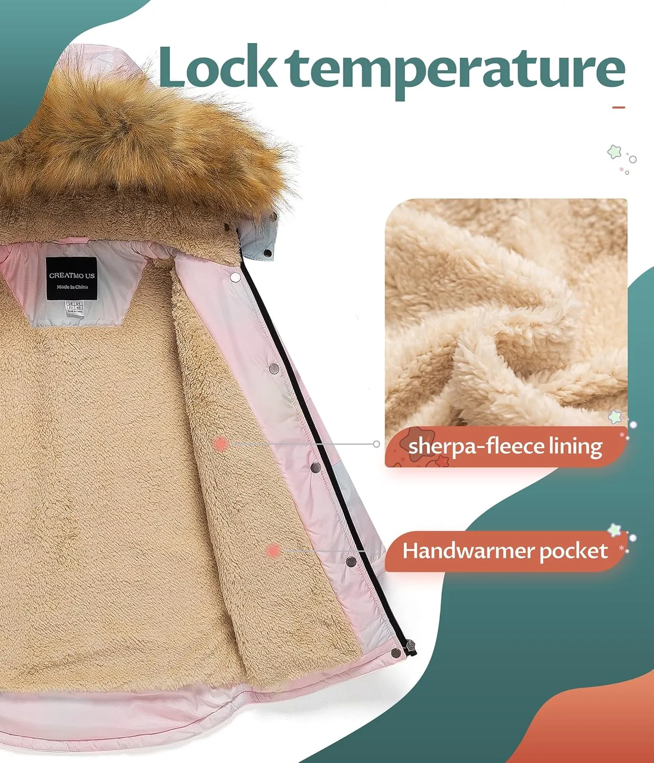 CREATMO US Girl's Long Winter Warm Parka Sherpa Trimmed Collar Puffer Ski Jacket Coat