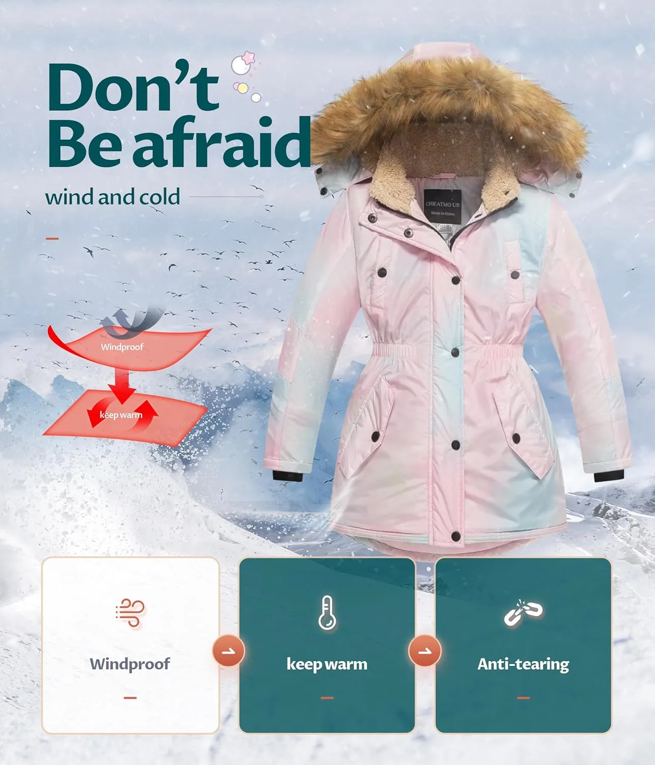 CREATMO US Girl's Long Winter Warm Parka Sherpa Trimmed Collar Puffer Ski Jacket Coat