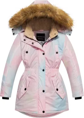 CREATMO US Girl's Long Winter Warm Parka Sherpa Trimmed Collar Puffer Ski Jacket Coat
