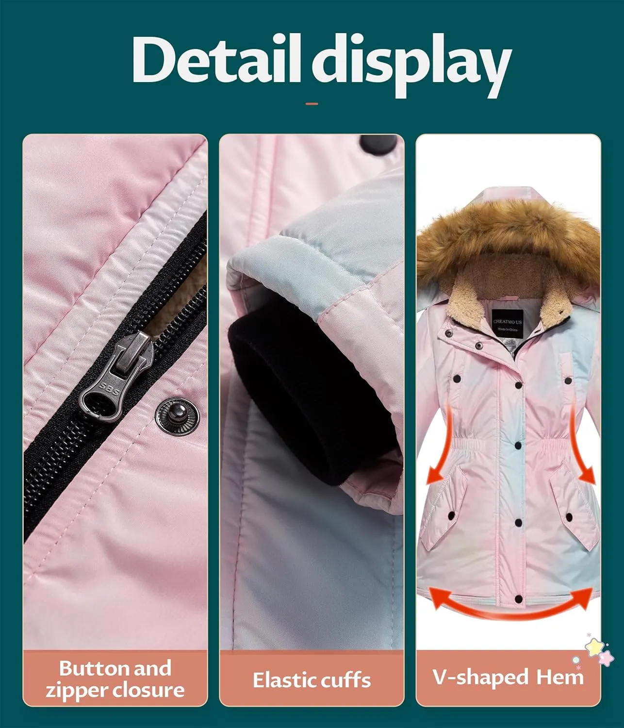 CREATMO US Girl's Long Winter Warm Parka Sherpa Trimmed Collar Puffer Ski Jacket Coat