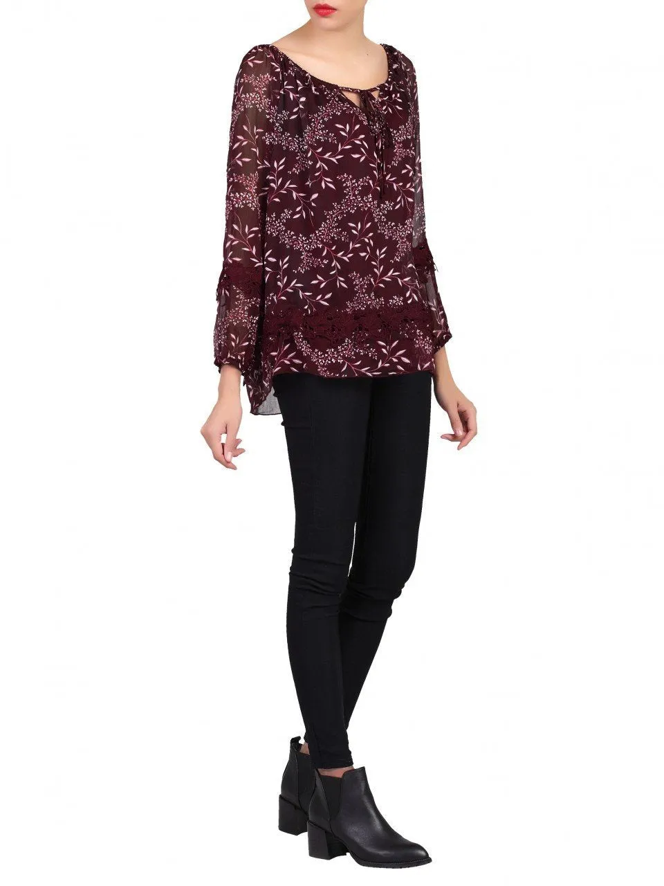 Crochet Lace Insert Blouse, Burgundy