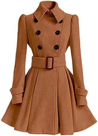 Fashion Swing Double Breasted Wool Pea Coat with Belt Thick Wool Trench Coat Jacket
