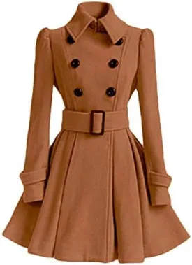 Fashion Swing Double Breasted Wool Pea Coat with Belt Thick Wool Trench Coat Jacket