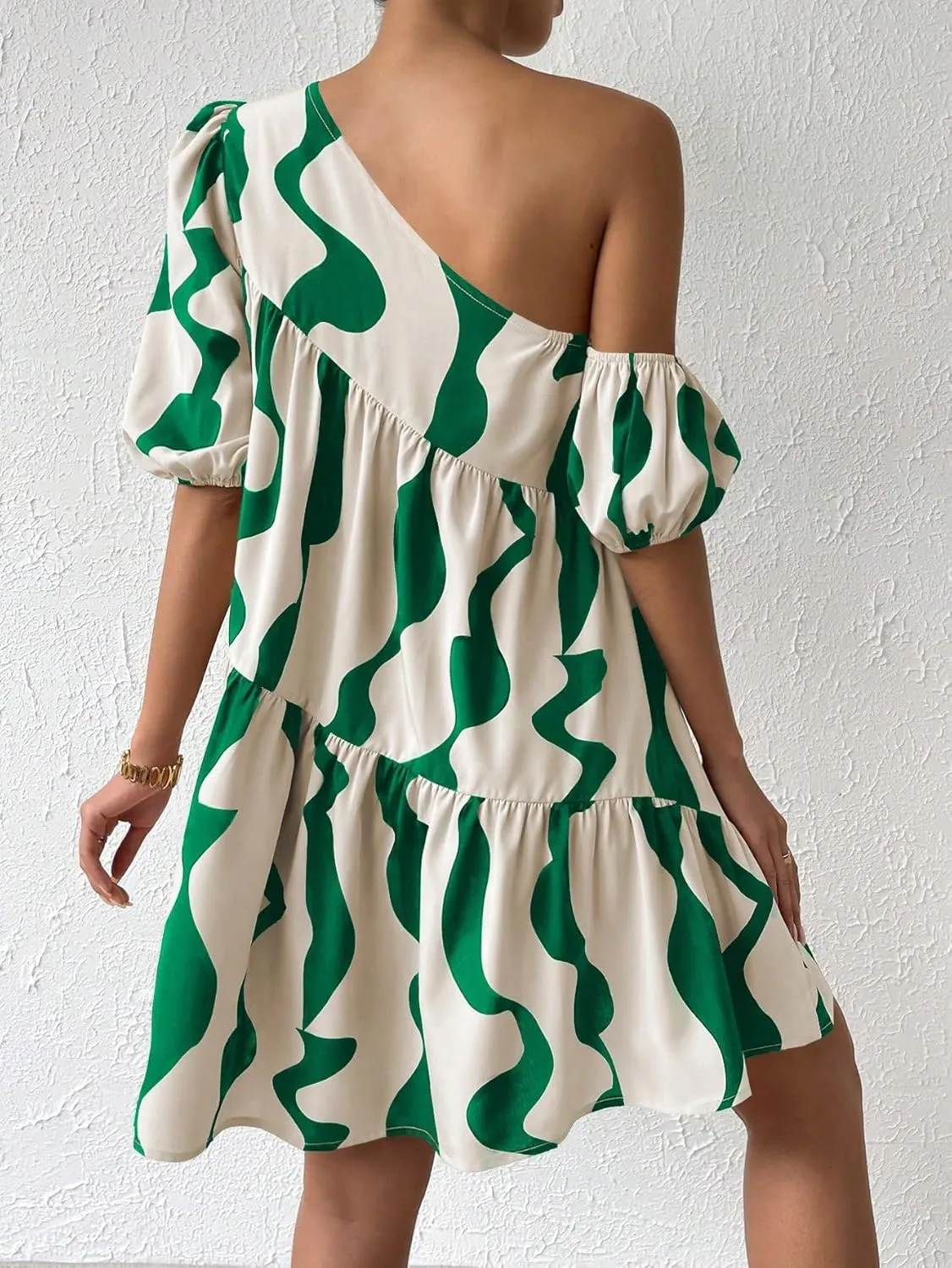 Floerns Women's One Shoulder Asymmetrical Neck Allover Print Flounce Tunic Dress
