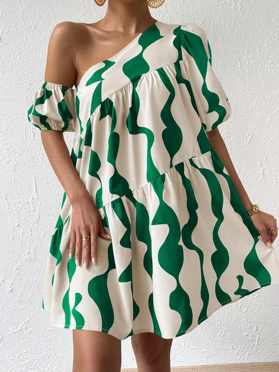 Floerns Women's One Shoulder Asymmetrical Neck Allover Print Flounce Tunic Dress