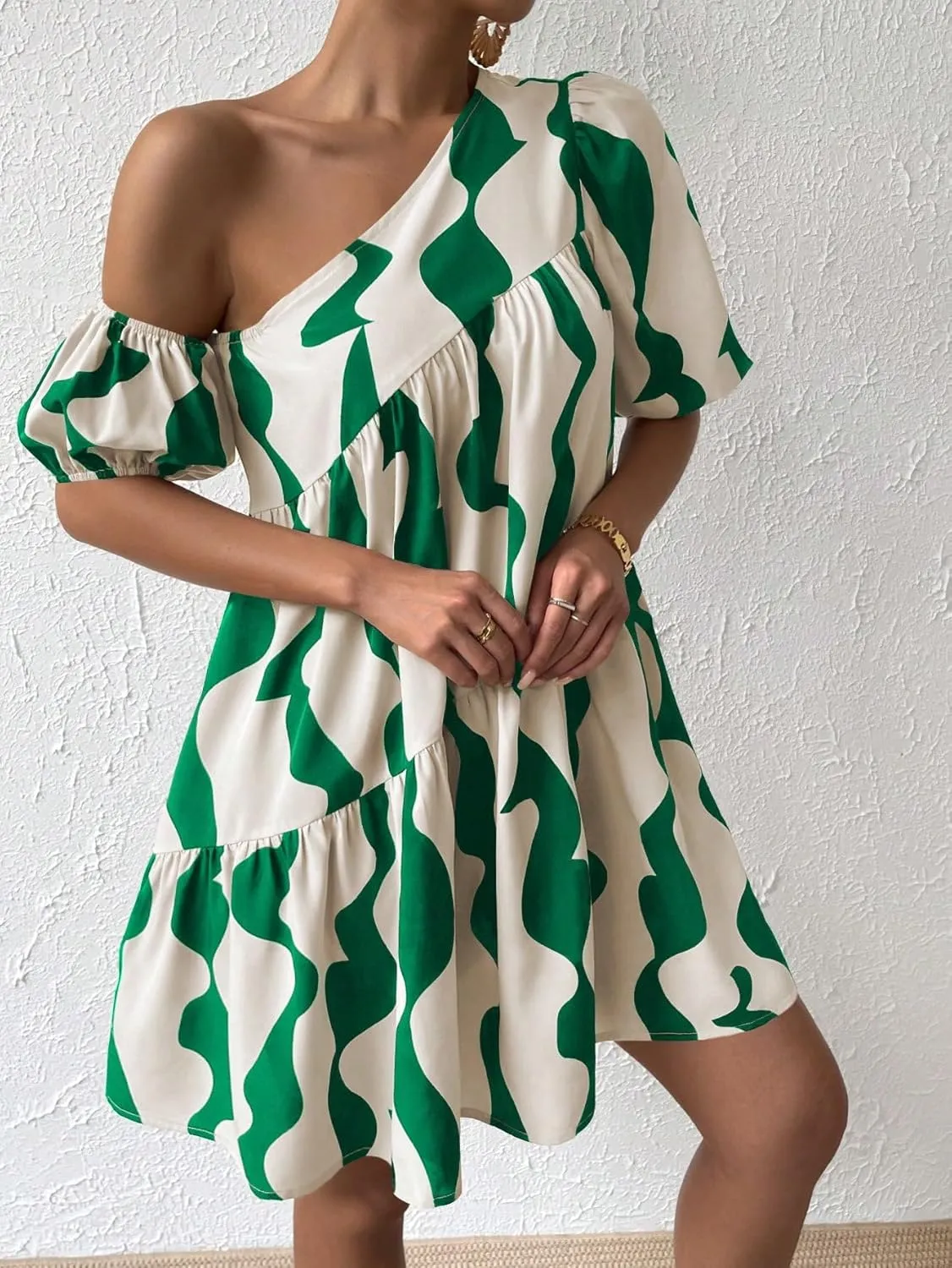 Floerns Women's One Shoulder Asymmetrical Neck Allover Print Flounce Tunic Dress