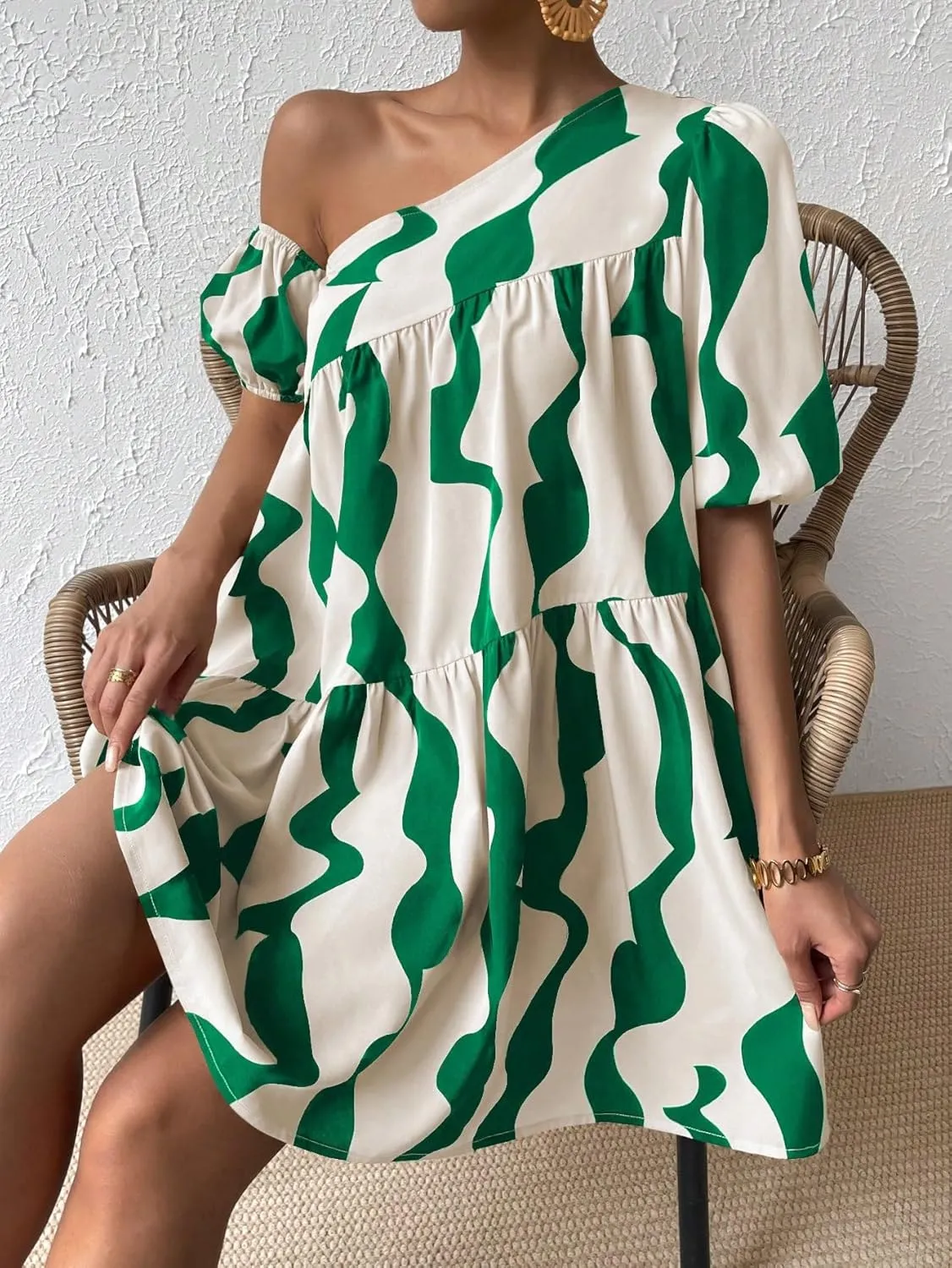 Floerns Women's One Shoulder Asymmetrical Neck Allover Print Flounce Tunic Dress