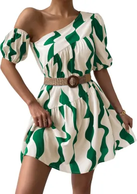 Floerns Women's One Shoulder Asymmetrical Neck Allover Print Flounce Tunic Dress