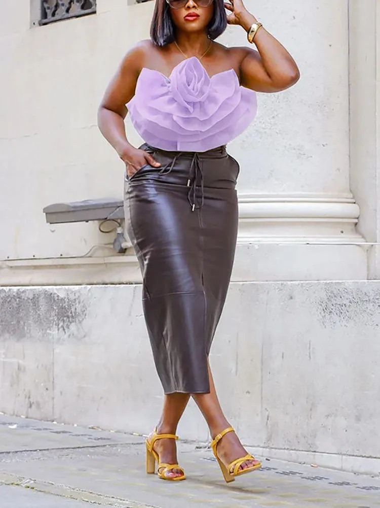 Floral Tie Strap Sheer Lace Mesh Sophisticated Scalloped Crop Tube Top - Lilac