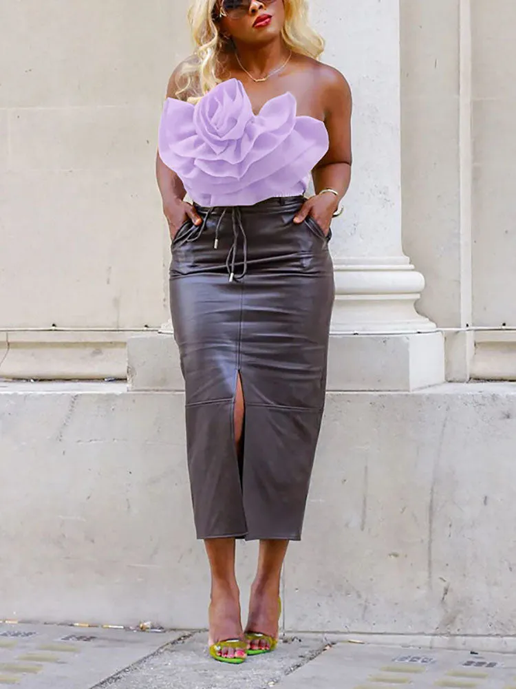 Floral Tie Strap Sheer Lace Mesh Sophisticated Scalloped Crop Tube Top - Lilac