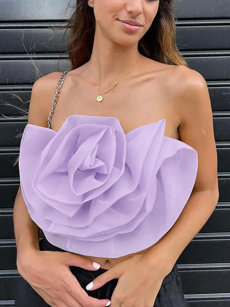 Floral Tie Strap Sheer Lace Mesh Sophisticated Scalloped Crop Tube Top - Lilac