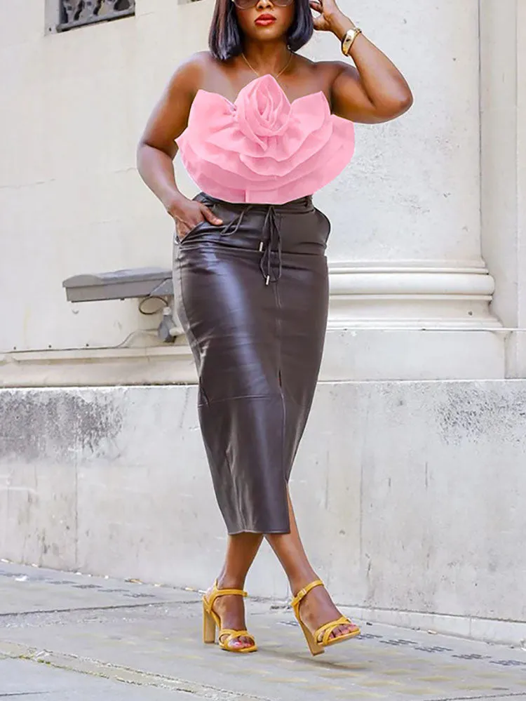 Floral Tie Strap Sheer Lace Mesh Sophisticated Scalloped Crop Tube Top - Lilac