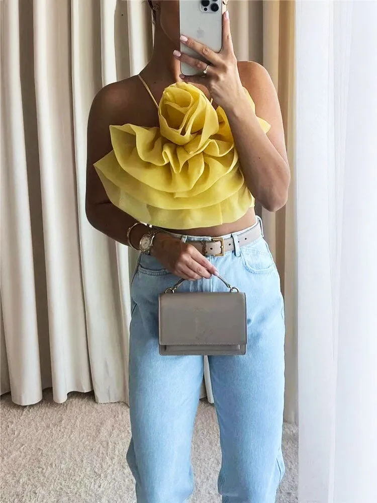 Floral Tie Strap Sheer Lace Mesh Sophisticated Scalloped Crop Tube Top - Lilac